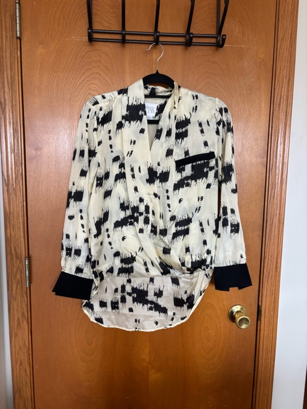 Quinn Black and Cream Abstract Print Wrap Blouse
